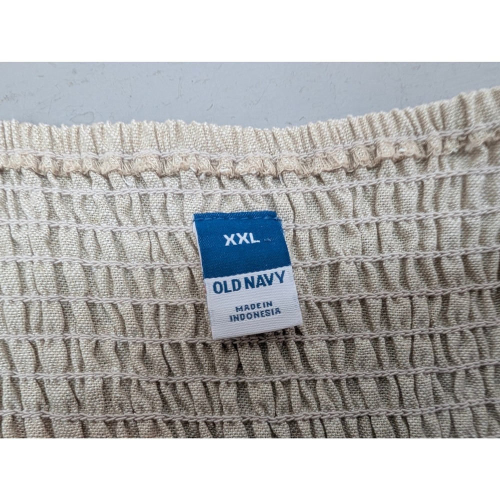 Old Navy Notch Neck Flax Linen Midi Dress Smocked Tan Flare Pleated Sz 2XL NWT - Picture 3 of 12